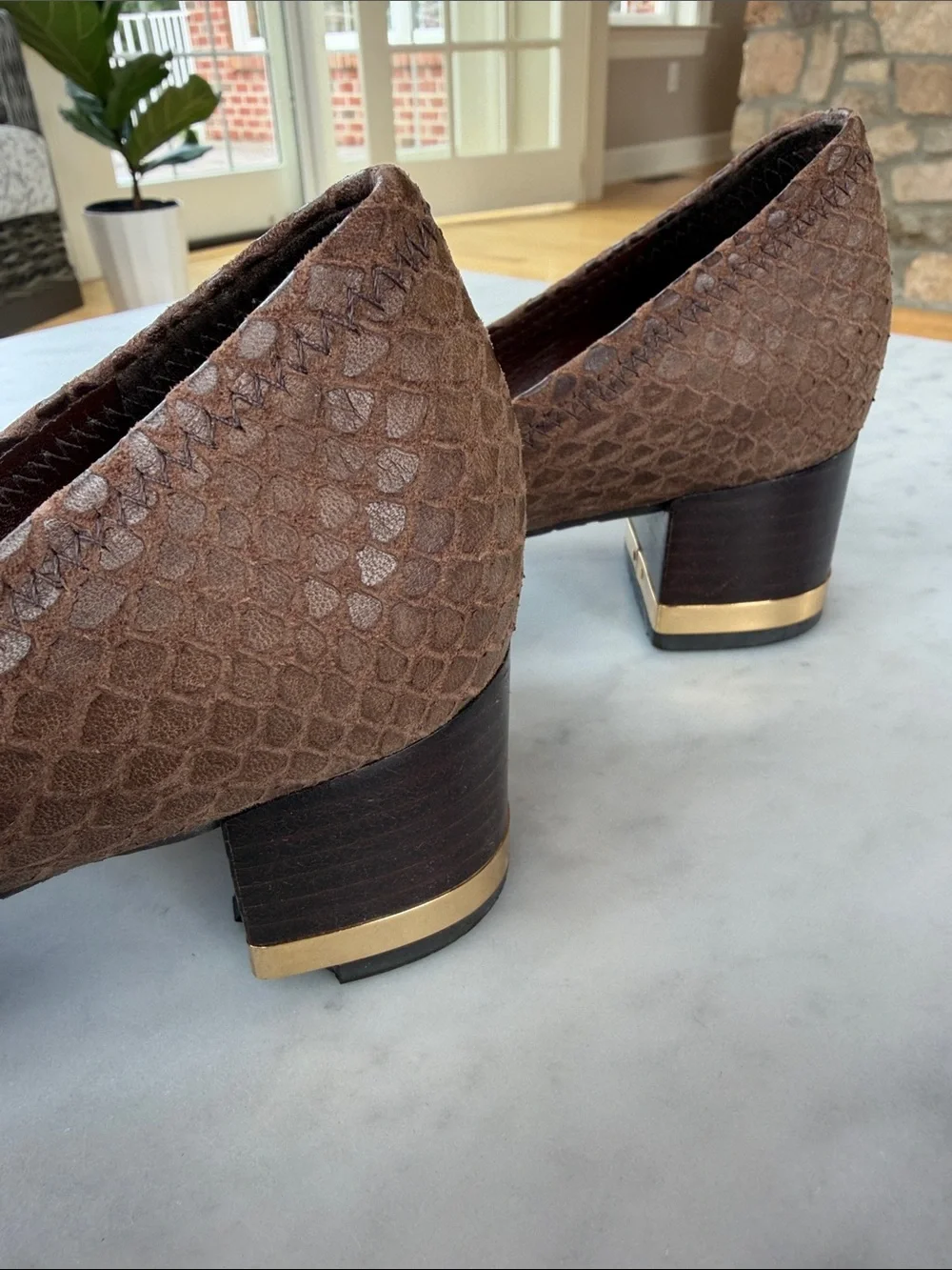Tory Burch Brown Textured Block Heel Pumps with Gold Logo